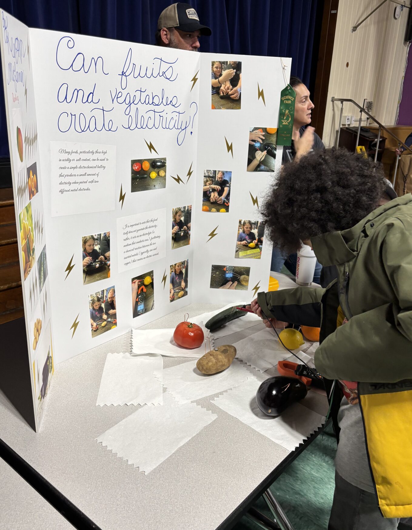IMG_3184 Attendees of South Row Elementary School's science fair test which fruits and vegetables conduct electricity.
